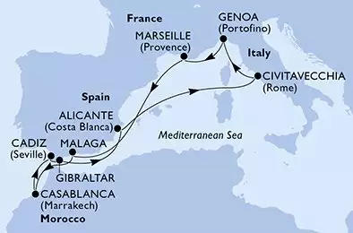 MSC SINFONIA - útvonalterv 10 éjszaka indulás Génova (Portofino) Italia kelt 08/05/2027 - Italy,France,Spain,Morocco,Gibraltar