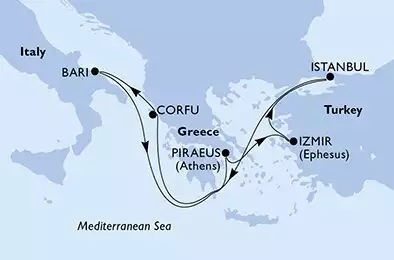 MSC ORCHESTRA  - útvonalterv 7 éjszaka indulás Bari Italy kelt 31/10/2026 - Bari,Piraeus,Izmir,Istanbul,Corfu,Bari