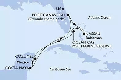 MSC WORLD ATLANTIC - útvonalterv 7 éjszaka indulás PortCanaveral United States kelt 13/11/2027 - Port Canaveral,Nassau,Ocean Cay,Cozumel,Costa Maya,Port Canaveral