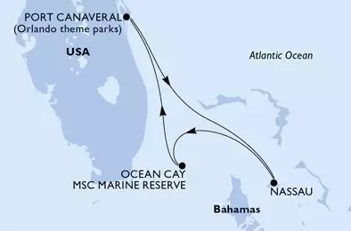 MSC GRANDIOSA - útvonalterv 3 éjszaka indulás PortCanaveral United States kelt 06/04/2028 - Port Canaveral,Nassau,Ocean Cay,Port Canaveral