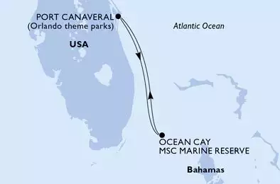 MSC GRANDIOSA - útvonalterv 3 éjszaka indulás PortCanaveral United States kelt 13/01/2028 - Port Canaveral,Ocean Cay,Port Canaveral
