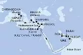 Civitavecchia,Naples,Piraeus,Marmaris,Limassol,Alexandria,Suez Canal North,Suez Canal South,Muscat,Doha,Dubai,Dubai