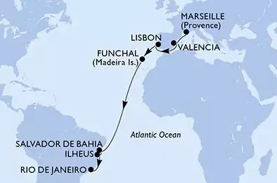 MSC MUSICA - útvonalterv 15 éjszaka indulás Marsella (Provenza) Francia kelt 07/11/2027 - Marseille,Valencia,Lisbon,Funchal,Salvador,Ilheus,Rio de Janeiro
