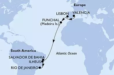 MSC MUSICA - útvonalterv 14 éjszaka indulás Valencia Spain kelt 08/11/2027 - Valencia,Lisbon,Funchal,Salvador,Ilheus,Rio de Janeiro
