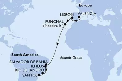 MSC MUSICA - útvonalterv 15 éjszaka indulás Valencia Spain kelt 08/11/2027 - Valencia,Lisbon,Funchal,Salvador,Ilheus,Rio de Janeiro,Santos