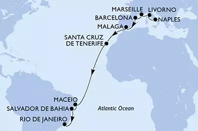 MSC VIRTUOSA - útvonalterv 19 éjszaka indulás Naples (Pompeii) Italy kelt 13/11/2027 - Naples,Livorno,Marseille,Barcelona,Malaga,Santa Cruz de Tenerife,Maceio,Salvador,Rio de Janeiro