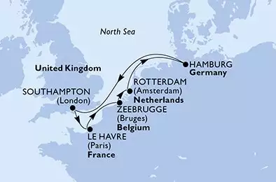 MSC PREZIOSA - útvonalterv 7 éjszaka indulás Hamburg Germany kelt 03/03/2028 - Hamburg,Southampton,Le Havre,Zeebrugge,Rotterdam,Hamburg