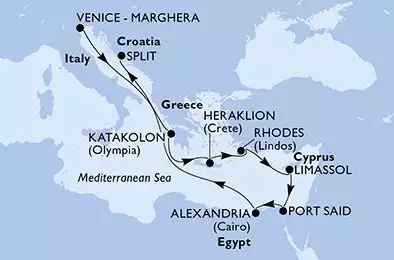 MSC LIRICA - útvonalterv 10 éjszaka indulás Venice - Marghera Italy kelt 04/11/2026 - Venice-Marghera,Katakolon,Heraklion,Rhodes,Limassol,Port Said,Alexandria,Split
