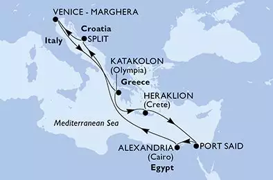 MSC LIRICA - útvonalterv 10 éjszaka indulás Split Croatia kelt 06/12/2026 - Split,Venice-Marghera,Katakolon,Heraklion,Port Said,Alexandria,Split