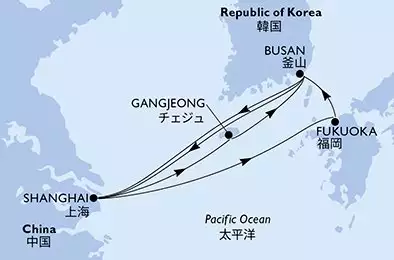MSC BELLISSIMA - útvonalterv 9 éjszaka indulás Shanghai China kelt 18/08/2026 - Shanghai,Fukuoka,Busan,Shanghai,Gangjeong,Busan,Shanghai