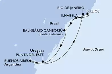 MSC SPLENDIDA - útvonalterv 9 éjszaka indulás Rio de Janeiro Brazil kelt 17/01/2027 - Rio de Janeiro,Buzios,Ilhabela,Balneario Camboriu,Punta Del Este,Buenos Aires,Rio de Janeiro