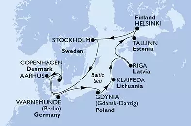MSC MAGNIFICA - útvonalterv 11 éjszaka indulás WarnemündeGermany kelt 13/09/2026 - Germany,Poland,Lithuania,Latvia,Estonia,Finland,Sweden,Denmark