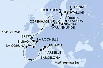 MSC MAGNIFICA - útvonalterv 20 éjszaka indulás Génova (Portofino) Italia kelt 16/05/2026 - Italy,France,Spain,Germany,Poland,Lithuania,Latvia,Estonia,Finland,Sweden,Denmark