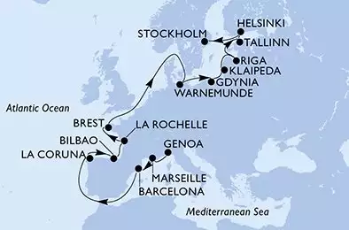 MSC MAGNIFICA - útvonalterv 18 éjszaka indulás Génova (Portofino) Italia kelt 16/05/2026 - Italy,France,Spain,Germany,Poland,Lithuania,Latvia,Estonia,Finland,Sweden