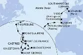 Fort de France,Pointe-a-Pitre,Castries,Bridgetown,Kingstown,Saint George,Fort de France,Pointe-a-Pitre,Philipsburg,Ponta Delgada,Lisbon,Vigo,Le Havre,Southampton