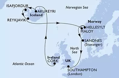 MSC VIRTUOSA - útvonalterv 12 éjszaka indulás Cork Ireland kelt 08/06/2026 - Cork,Akureyri,Isafjordur,Reykjavik,Reykjavik,Maloy,Hellesylt,Sandnes,Southampton