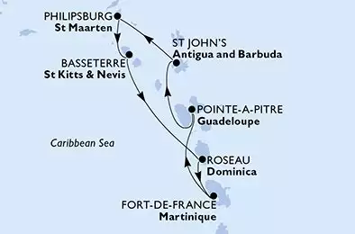 MSC WORLD EUROPA - útvonalterv 7 éjszaka indulás Fort de France Martinique kelt 27/02/2027 - Fort de France,Pointe-a-Pitre,St John s,Philipsburg,Basseterre,Roseau,Fort de France
