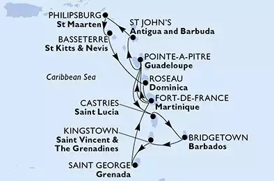 MSC WORLD EUROPA - útvonalterv 14 éjszaka indulás Fort de France Martinique kelt 05/12/2026 - Fort de France,Pointe-a-Pitre,St John s,Philipsburg,Basseterre,Roseau,Fort de France,Pointe-a-Pitre,Castries,Bridgetown,Kingstown,Saint George,Fort de France