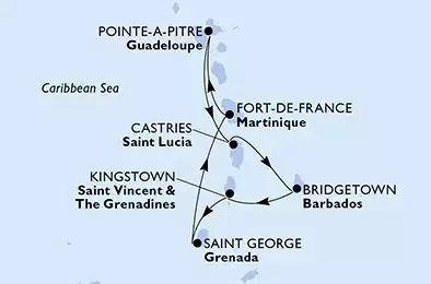 MSC WORLD EUROPA - útvonalterv 7 éjszaka indulás Pointe-a-Pitre Guadeloupe kelt 13/12/2026 - Pointe-a-Pitre,Castries,Bridgetown,Kingstown,Saint George,Fort de France,Pointe-a-Pitre