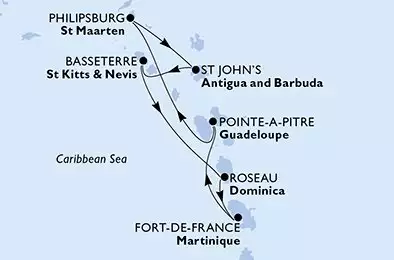 MSC WORLD EUROPA - útvonalterv 7 éjszaka indulás Fort de France Martinique kelt 13/03/2027 - Fort de France,Pointe-a-Pitre,Philipsburg,St John s,Basseterre,Roseau,Fort de France