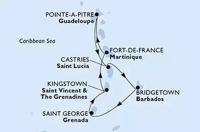 MSC WORLD EUROPA - útvonalterv 7 éjszaka indulás Fort de France Martinique kelt 03/04/2027 - Fort de France,Pointe-a-Pitre,Castries,Bridgetown,Saint George,Kingstown ,Fort de France