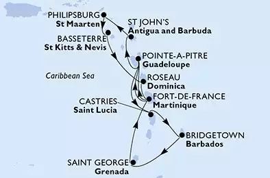MSC WORLD EUROPA - útvonalterv 13 éjszaka indulás Bridgetown Barbados kelt 02/12/2026 - Bridgetown,Saint George,Fort de France,Pointe-a-Pitre,St John s,Philipsburg,Basseterre,Roseau,Fort de France,Pointe-a-Pitre,Castries,Bridgetown