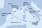 Barcelona,Marseille,Genoa,Civitavecchia,Messina,Barcelona