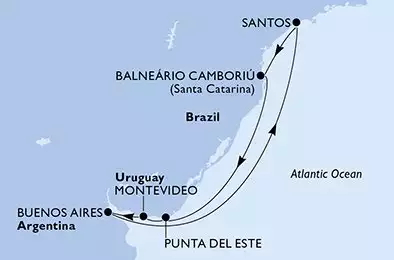 MSC SEAVIEW - útvonalterv 8 éjszaka indulás Santos Brazil kelt 05/12/2026 - Santos,Balneario Camboriu,Punta Del Este,Montevideo,Buenos Aires,Santos