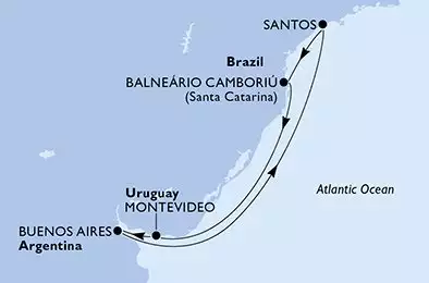 MSC SEAVIEW - útvonalterv 7 éjszaka indulás Camboriu Brazil kelt 11/01/2027 - Balneario Camboriu,Montevideo,Buenos Aires,Santos,Balneario Camboriu