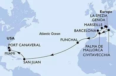 MSC GRANDIOSA - útvonalterv 21 éjszaka indulás Barcelone Espagne kelt 24/10/2026 - Spain,France,Italy,Portugal,Puerto Rico,United States