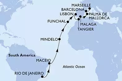 MSC SEAVIEW - útvonalterv 21 éjszaka indulás Rio de Janeiro Brazil kelt 08/03/2027 - Rio de Janeiro,Maceio,Mindelo,Funchal,Lisbon,Tangier,Malaga,Palma de Mallorca,Barcelona,Marseille