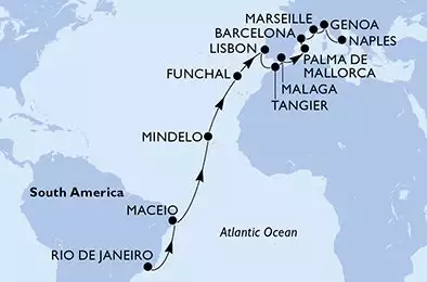 MSC SEAVIEW - útvonalterv 23 éjszaka indulás Rio de Janeiro Brazil kelt 08/03/2027 - Rio de Janeiro,Maceio,Mindelo,Funchal,Lisbon,Tangier,Malaga,Palma de Mallorca,Barcelona,Marseille,Genoa,Naples