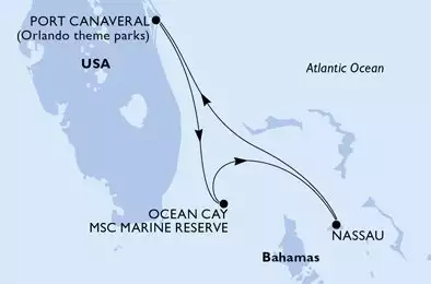 MSC GRANDIOSA - útvonalterv 3 éjszaka indulás PortCanaveral United States kelt 01/06/2028 - Port Canaveral,Ocean Cay,Nassau,Port Canaveral
