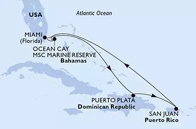 MSC WORLD AMERICA - útvonalterv 7 éjszaka indulás Miami United States kelt 22/07/2028 - Miami,Puerto Plata,San Juan,Ocean Cay,Miami