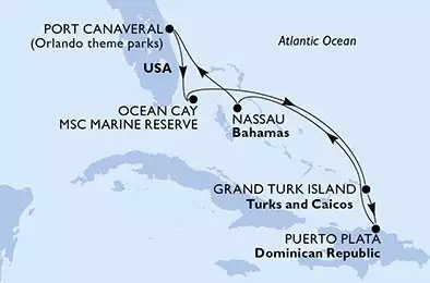 MSC WORLD ATLANTIC - útvonalterv 7 éjszaka indulás PortCanaveral United States kelt 03/06/2028 - Port Canaveral,Ocean Cay,Grand Turk Island,Puerto Plata,Nassau,Port Canaveral