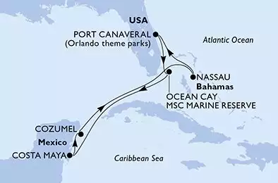 MSC WORLD ATLANTIC - útvonalterv 7 éjszaka indulás PortCanaveral United States kelt 29/04/2028 - Port Canaveral,Ocean Cay,Costa Maya,Cozumel,Nassau,Port Canaveral