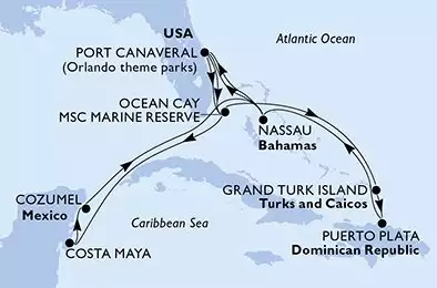MSC WORLD ATLANTIC - útvonalterv 14 éjszaka indulás PortCanaveral United States kelt 29/04/2028 - Port Canaveral,Ocean Cay,Costa Maya,Cozumel,Nassau,Port Canaveral,Ocean Cay,Grand Turk Island,Puerto Plata,Nassau,Port Canaveral