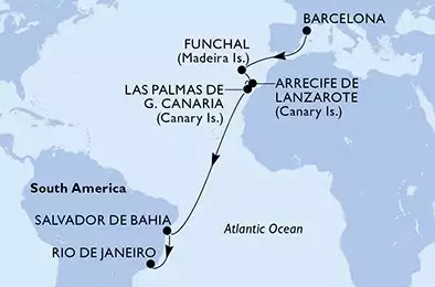 MSC VIRTUOSA - útvonalterv 15 éjszaka indulás Barcelone Espagne kelt 16/11/2026 - Spain,Portugal,Brazil