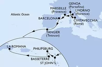 MSC OPERA - útvonalterv 18 éjszaka indulás Civitavecchia (Rome) Italy kelt 29/10/2026 - Italy,France,Spain,Morocco,Antigua and Barbuda,Netherlands Antilles,Saint Kitts and Nevis,Dominican Republic