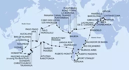MSC MAGNIFICA - útvonalterv 121 éjszaka indulás Marsiglia (Provenza) Francia kelt 06/01/2027 - France,Spain,Gibraltar,Morocco,Cape Verde,Brazil,Argentina,Falkland Islands (Malvinas),Chile,Pitcairn,French Polynesia,Cook Islands,New Zealand,Australia,New Caledonia,Vanuatu,Samoa,American Samoa,United States,Mexico,Costa Rica,Panama,Dominican Republic,Virgin Islands,Netherlands Antilles,Italy