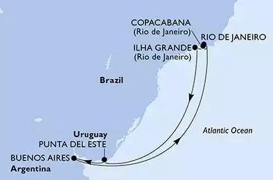 MSC SPLENDIDA - útvonalterv 8 éjszaka indulás Rio de Janeiro Brazil kelt 31/12/2026 - Brazil,Uruguay,Argentina