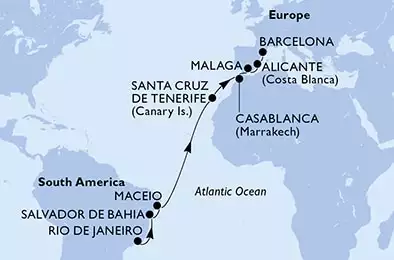 MSC DIVINA - útvonalterv 15 éjszaka indulás Rio de Janeiro Brazil kelt 15/03/2027 - Brazil,Spain,Morocco