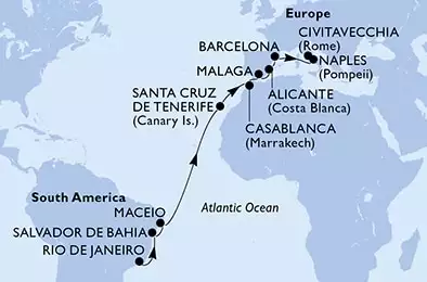MSC DIVINA - útvonalterv 18 éjszaka indulás Rio de Janeiro Brazil kelt 15/03/2027 - Brazil,Spain,Morocco,Italy