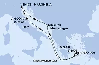MSC LIRICA - útvonalterv 7 éjszaka indulás Ancona (Urbino) Italy kelt 14/04/2028 - Ancona,Venice-Marghera,Kotor,Mykonos,Mykonos,Syros,Ancona