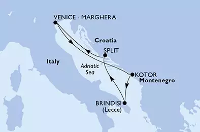 MSC ARMONIA - útvonalterv 5 éjszaka indulás Venice - Marghera Italy kelt 28/03/2028 - Venice-Marghera,Kotor,Brindisi,Split,Venice-Marghera