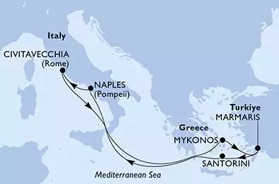 MSC DIVINA - útvonalterv 7 éjszaka indulás Naples (Pompeii) Italy kelt 07/09/2028 - Naples,Civitavecchia,Mykonos,Marmaris,Santorini,Naples