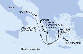 Piraeus,Katakolon,Cefalonia,Corfu,Bari,Santorini,Piraeus